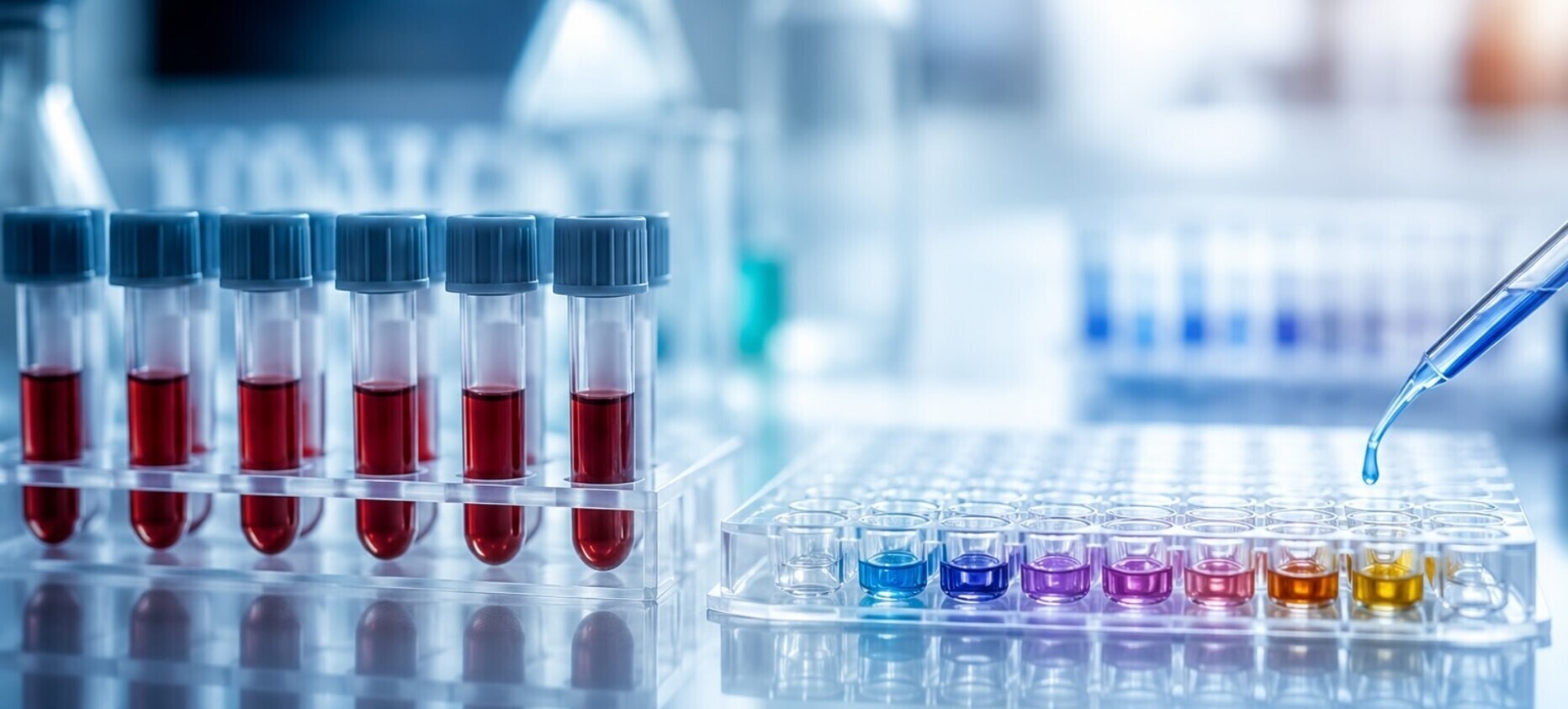 Modern laboratory with plasma samples, a multiwell assay plate, and a pipette preparing a multiplex biomarker assay for extracellular vesicle (EV) protein analysis.