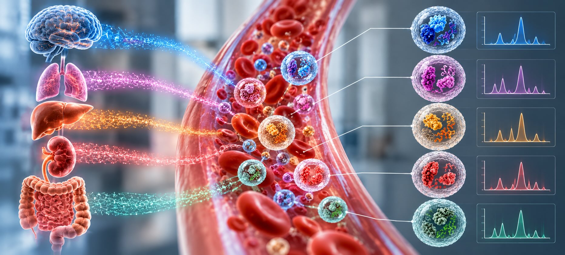 EV liquid biopsy showing extracellular vesicles from different tissues circulating in blood