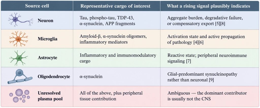 Cell-specific extracellular vesicle biomarkers from neurons, microglia, astrocytes, and oligodendrocytes, showing representative cargo and interpretation of rising plasma signals.