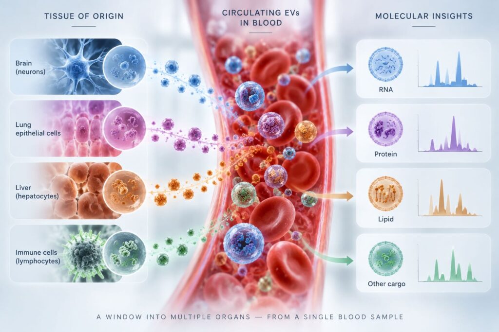 EV liquid biopsy showing extracellular vesicles from different tissues circulating in blood
