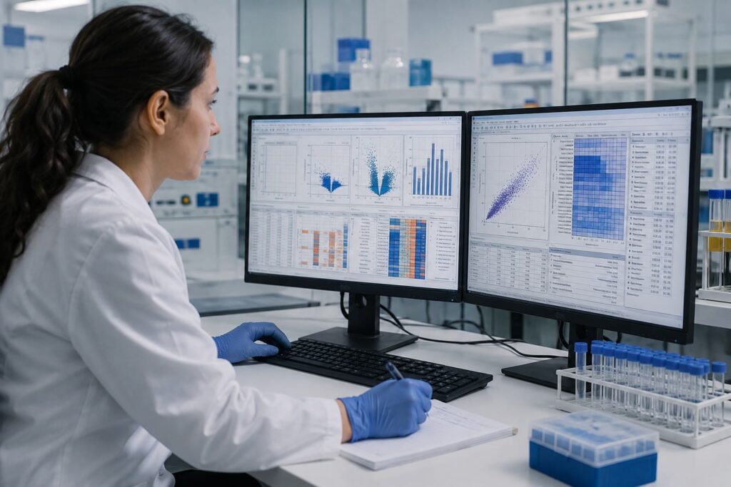 Scientist analyzing data from a large-population plasma EV biomarker discovery study
