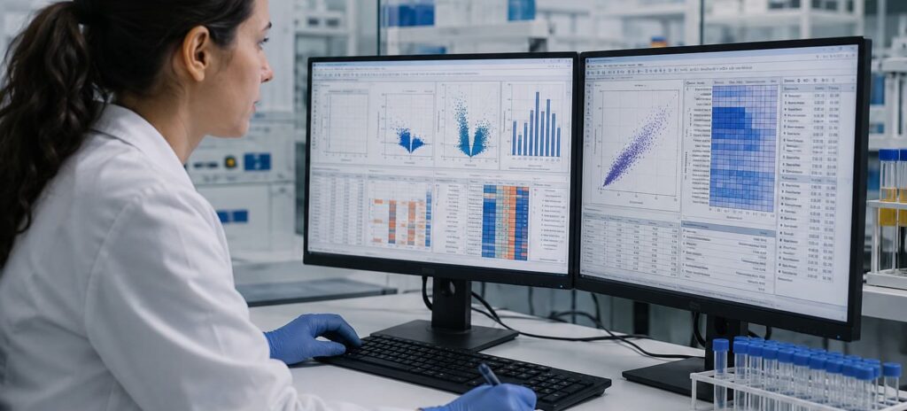 Scientist analyzing data from a large-population plasma EV biomarker discovery study