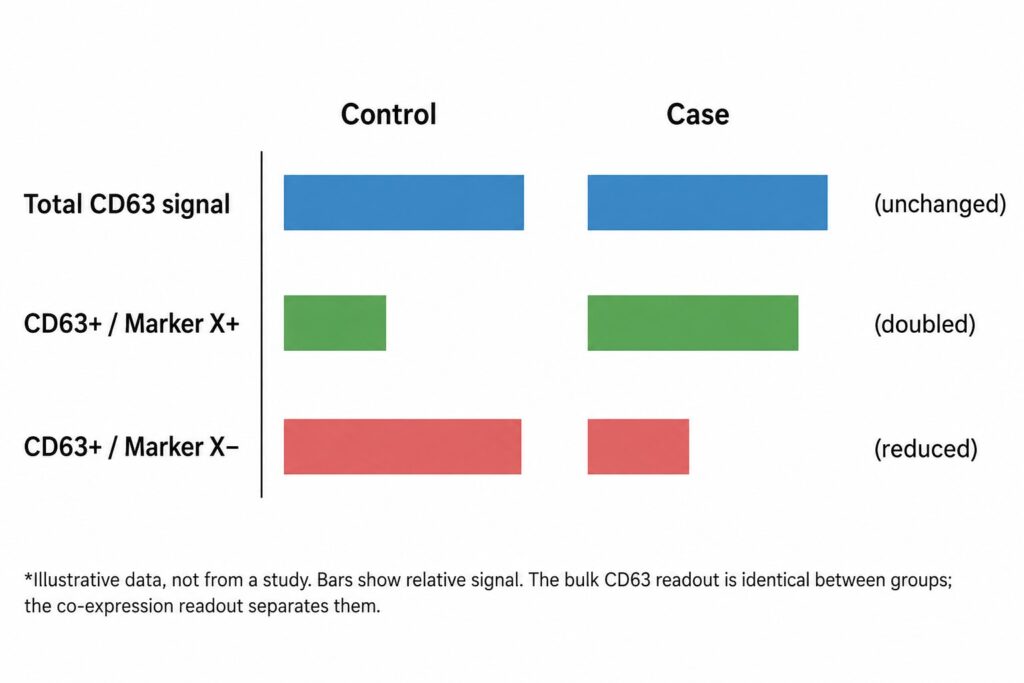 Illustrative comparison of control and case samples showing unchanged total CD63 signal but increased CD63+/Marker X+ and reduced CD63+/Marker X− extracellular vesicle subpopulations.