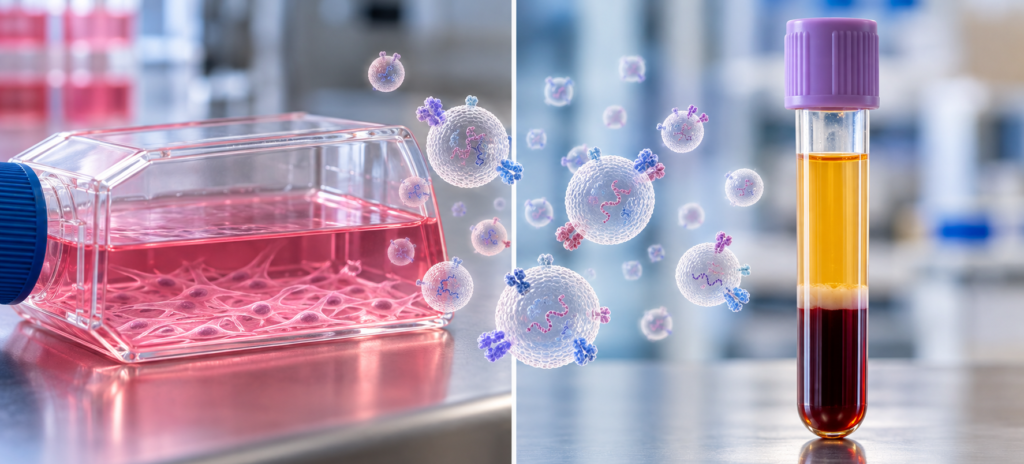 Plasma EVs vs cell culture EVs showing extracellular vesicles in blood plasma and conditioned cell culture media