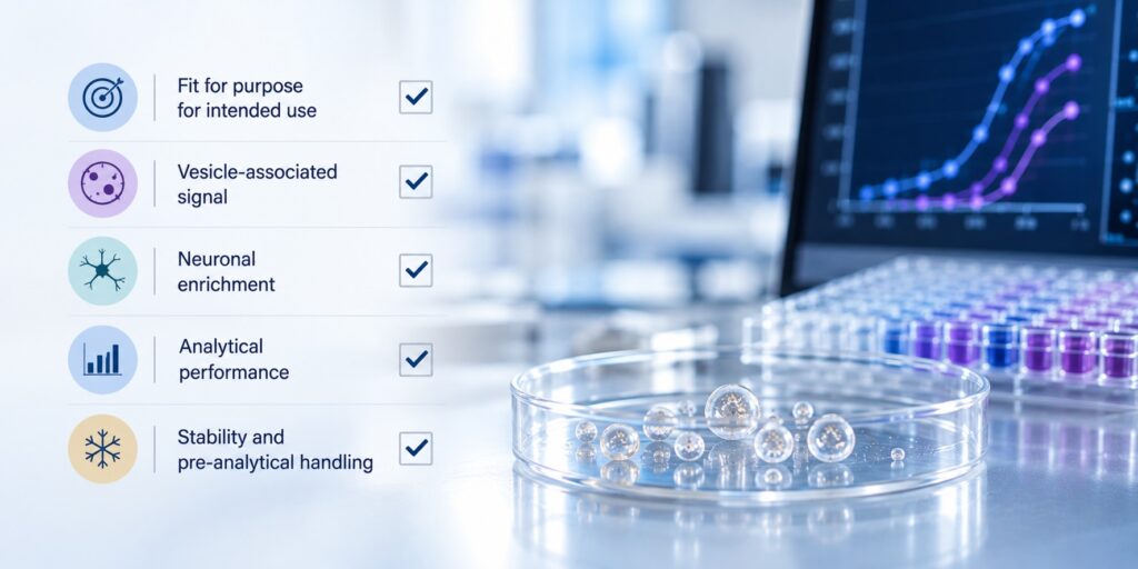Analytical validation checklist for EV-Based CNS Assays covering vesicle association, neuronal enrichment, assay performance, and stability.