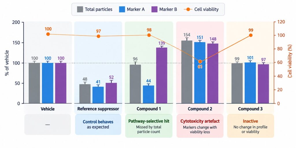 EV Secretion Assay bar chart comparing total particle counts, EV marker profiles, and cell viability across five experimental conditions, highlighting a selective compound hit missed by particle counting.