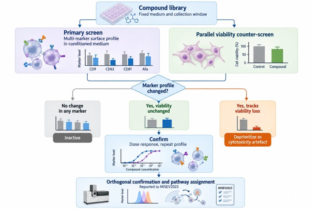 EV Secretion Assay workflow showing compound screening, multi-marker extracellular vesicle profiling, cell viability testing, dose-response confirmation, and pathway validation.