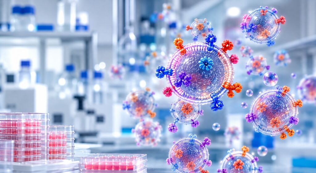 EV Secretion Assay illustration showing extracellular vesicles with different surface proteins floating above laboratory cell culture plates, representing EV secretion and subpopulation diversity.