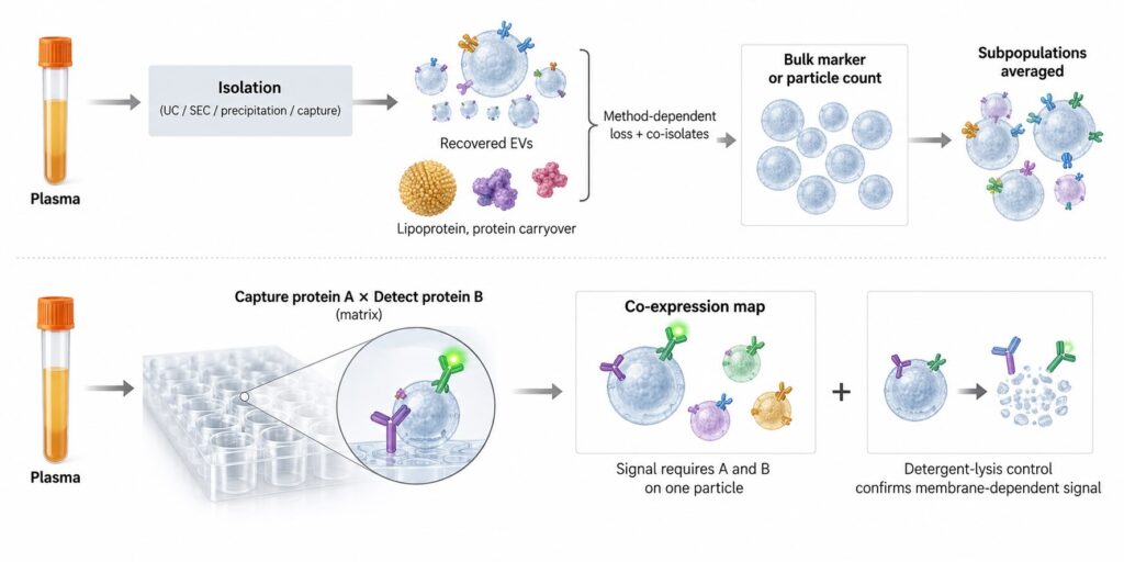 Scientific diagram comparing traditional extracellular vesicle isolation methods with isolation-free EV subpopulation profiling using dual-marker capture and detection to identify protein co-expression.