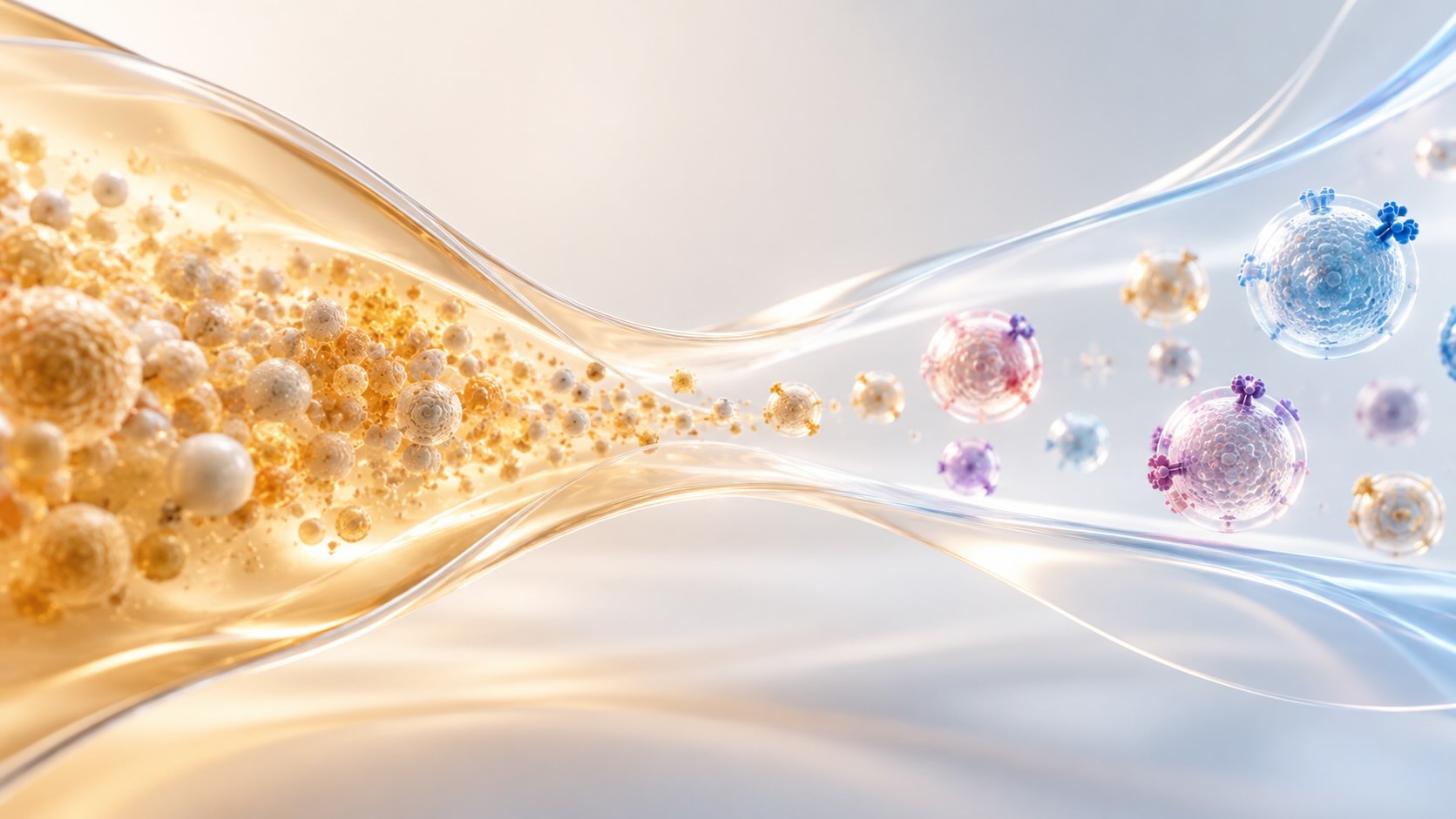 Abstract scientific visualization of extracellular vesicle subpopulation profiling, showing particles transitioning from a complex plasma environment into distinct EV populations.